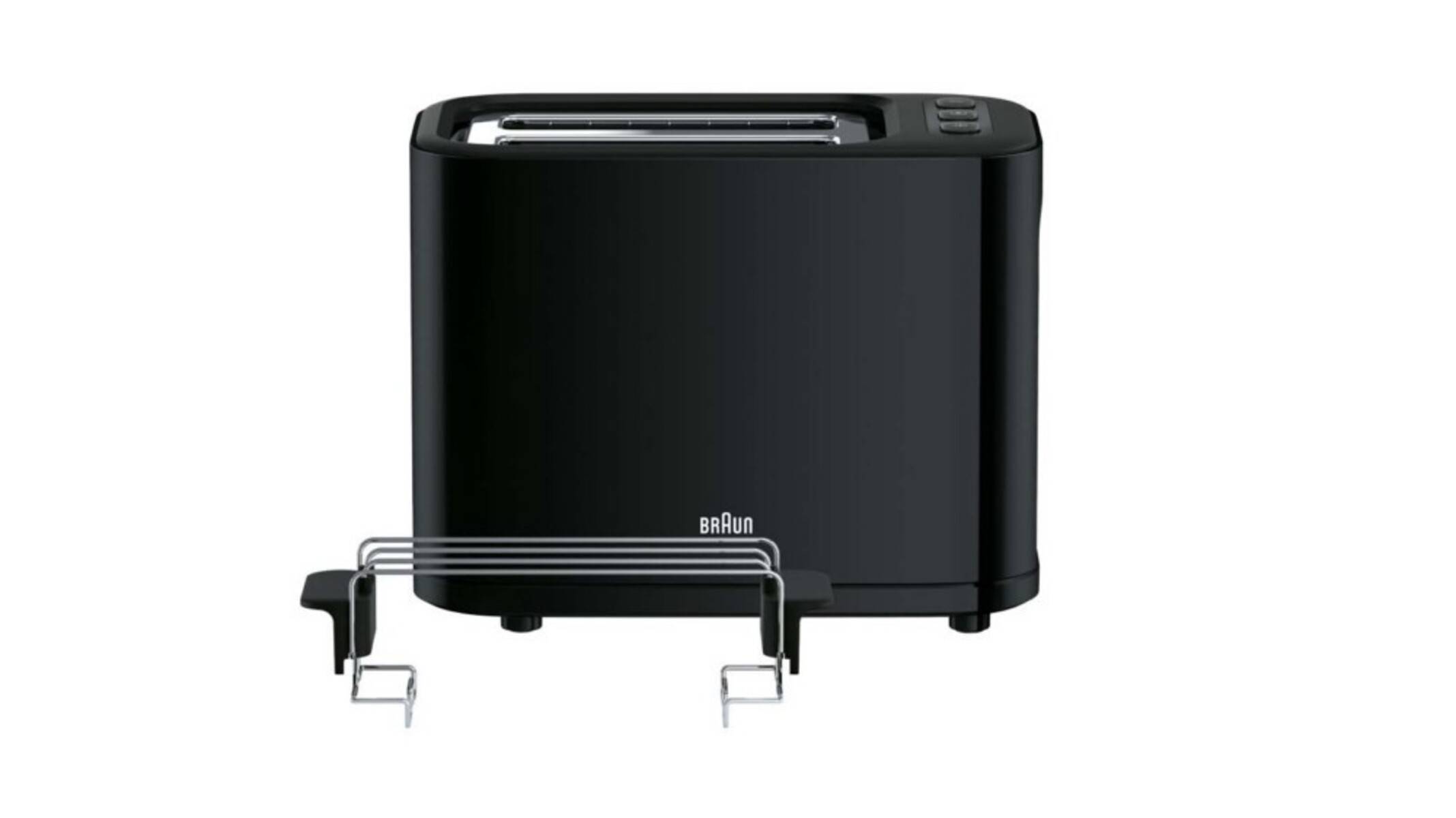 Ein schlanker schwarzer Toaster mit breiten Schlitzen und einem Aufwärmaufsatz, geeignet für das effiziente Toasten verschiedener Brotsorten.