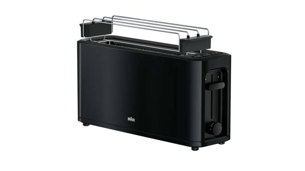 Schwarzer Zwei-Scheiben-Toaster mit extra breiten Schlitzen, Seitenbedienung und Wärmegitter oben, auf weißem Hintergrund dargestellt.