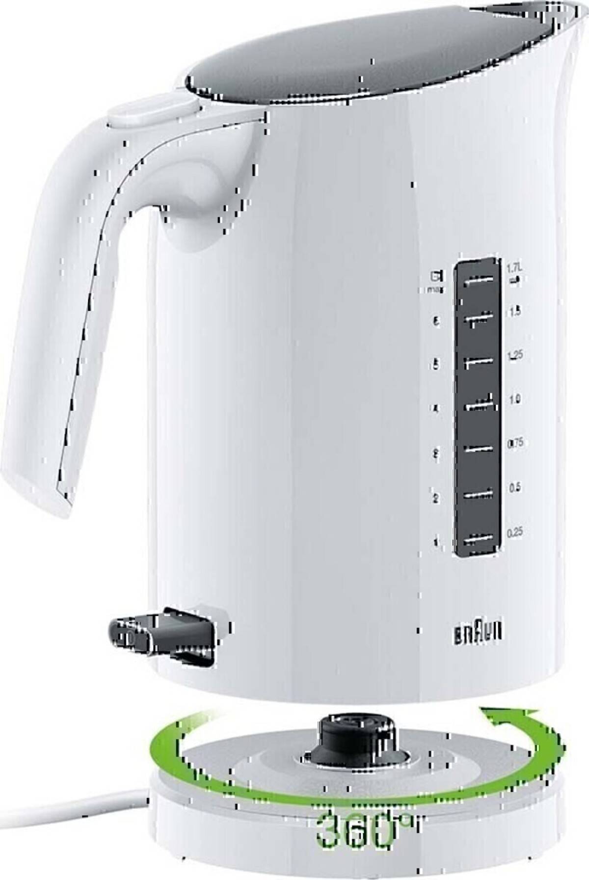 Weißer elektrischer Wasserkocher auf einem 360-Grad-Drehteller mit Wasserfüllstandsfenster und grüner Rotationsanzeige.