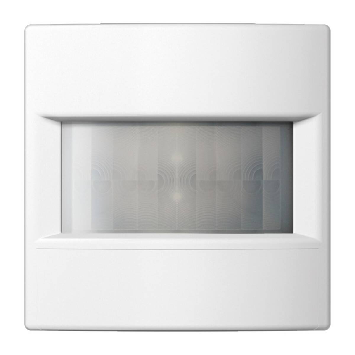 Weißer wandmontierter Bewegungsmelder mit mattierter rechteckiger Linse, von vorne abgebildet.