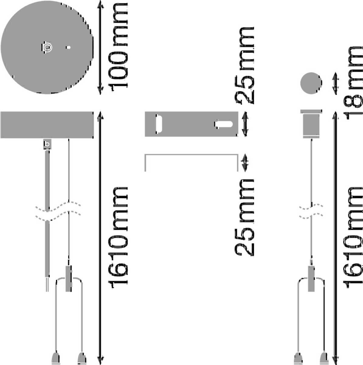 Diagramm einer Hängevorrichtung mit Abmessungen: 100 mm Basis, 25 mm Verbinder, 1610 mm Höhe. Zeigt eine Vorder- und Seitenansicht mit Maßangaben.