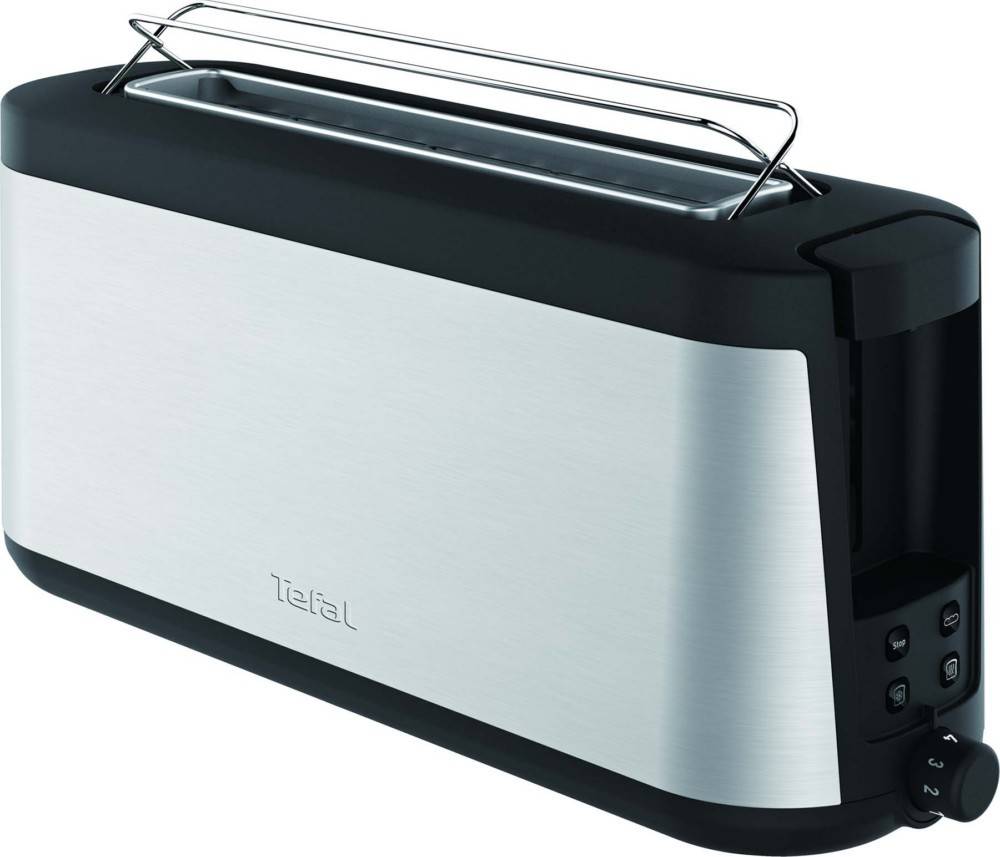 Edelstahl-Vier-Scheiben-Toaster mit schwarzen Seitenseiten, zwei Schlitzen und einem Bräunungsregler auf der rechten Seite.