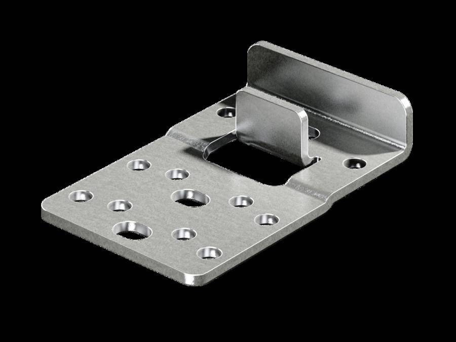 Eine Metallhalterung mit mehreren Löchern in verschiedenen Größen ist für die Montage oder Verbindung von Komponenten konzipiert.