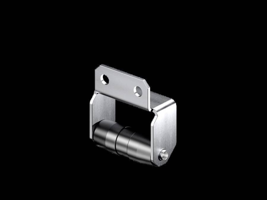 Eine Metallscharnierhalterung mit zwei Schraubenlöchern auf einer rechteckigen Platte und einem zylindrischen Drehgelenkmechanismus vor einem schwarzen Hintergrund.
