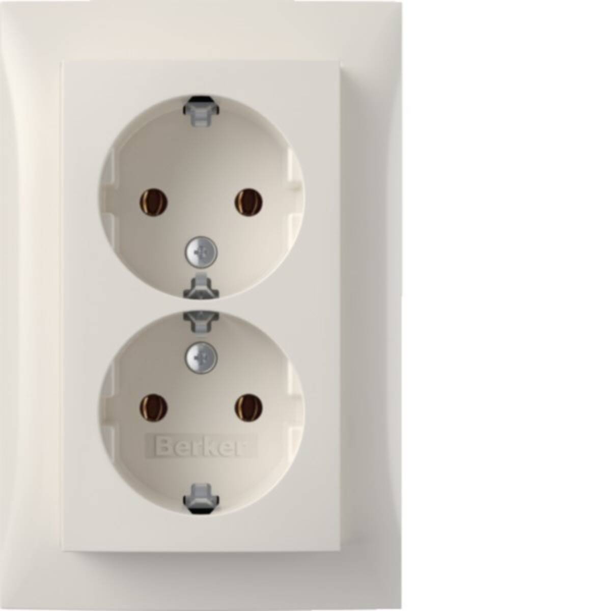 Weiße doppelte elektrische Wandsteckdose mit zwei runden europäischen Steckdosen an einer hellen Wand.