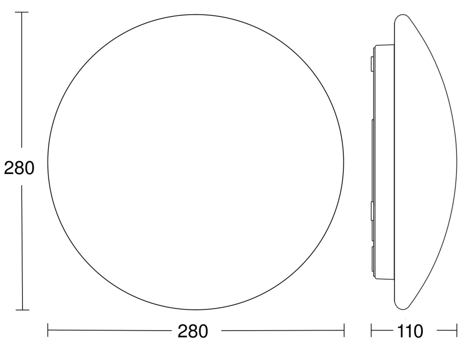 Technische Zeichnung einer runden Vorrichtung: Vorderansicht 280 mm Durchmesser, Seitenansicht 110 mm Tiefe.