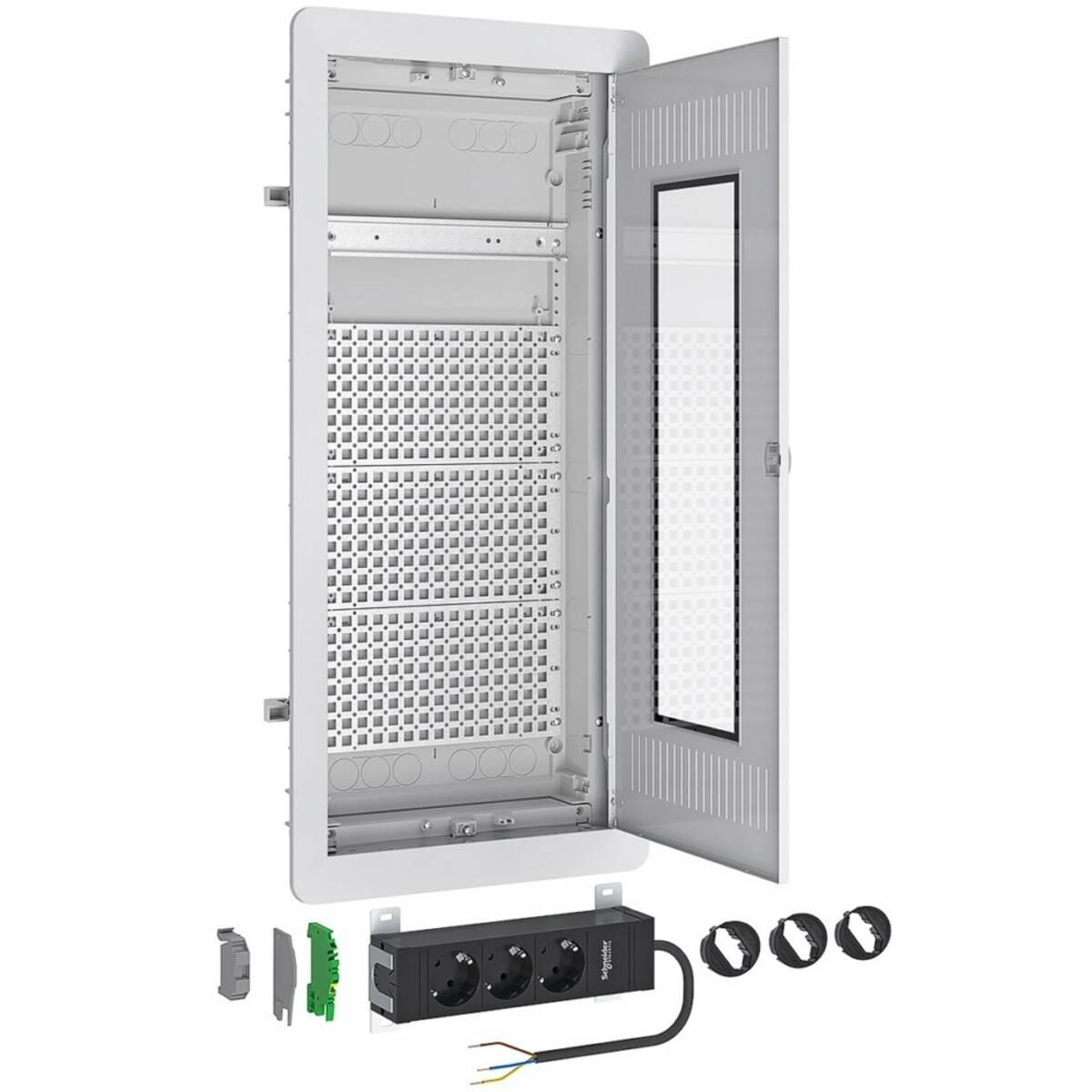 Offene elektrische Schalttafel mit montiertem Stromauslassmodul, Komponenten darunter zur Installation angeordnet