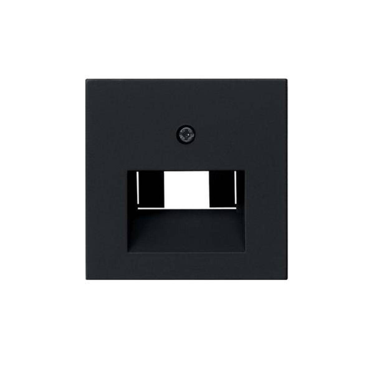 Eine quadratische schwarze Wandhalterung mit einer rechteckigen Öffnung in der Mitte, geeignet zur Montage einer Leuchte oder eines ähnlichen Geräts.