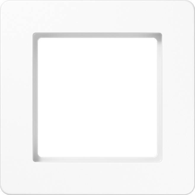Eine weiße, quadratische Abdeckung für eine elektrische Steckdose mit glatter Oberfläche und abgeschrägten Kanten.