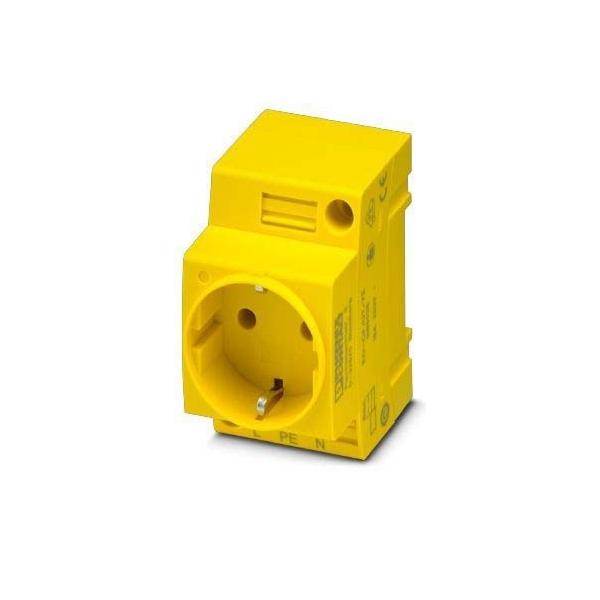 Gelber elektrischer Steckdosenadapter mit Erdungsstift.