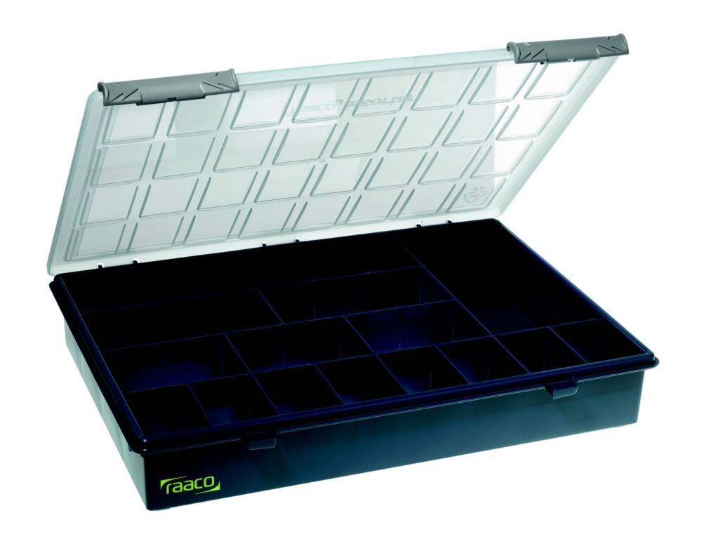 Eine offene, durchsichtige Kunststoff-Aufbewahrungsbox mit anpassbaren Fächern, hauptsächlich verwendet zum Organisieren von kleinen Gegenständen wie Werkzeugen oder Bastelmaterialien.