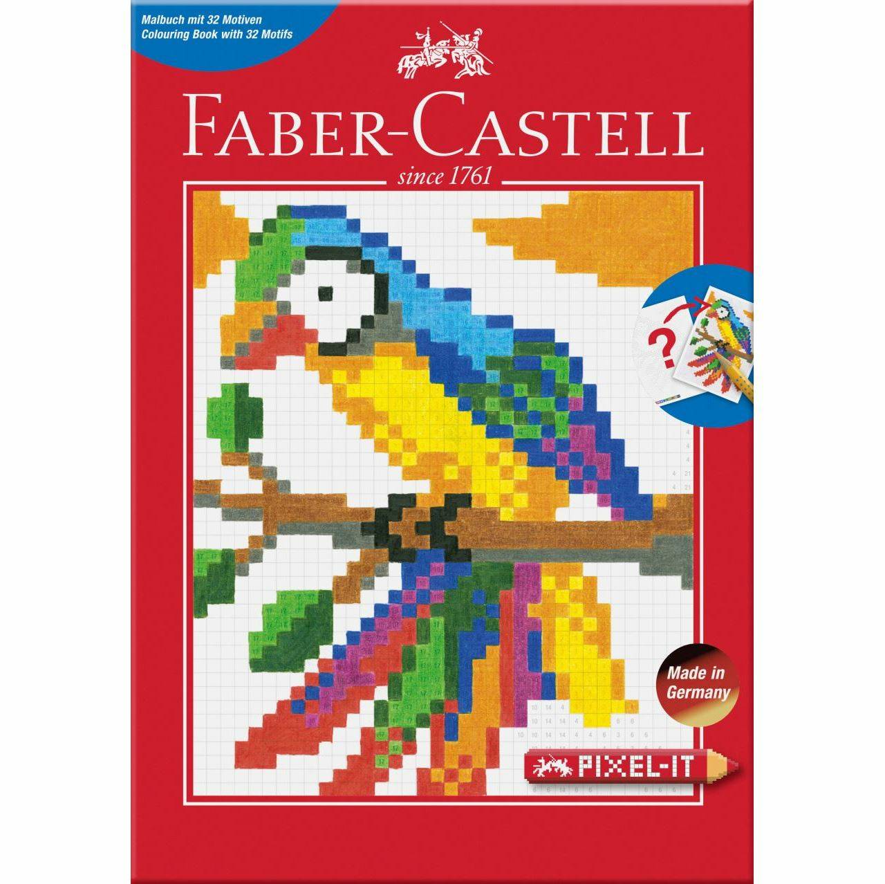 Faber-Castell Pixel-It Malbuch mit Umschlag mit einem farbenfrohen Pixel-Art-Papagei auf einem Ast, gekennzeichnet mit „32 Motive