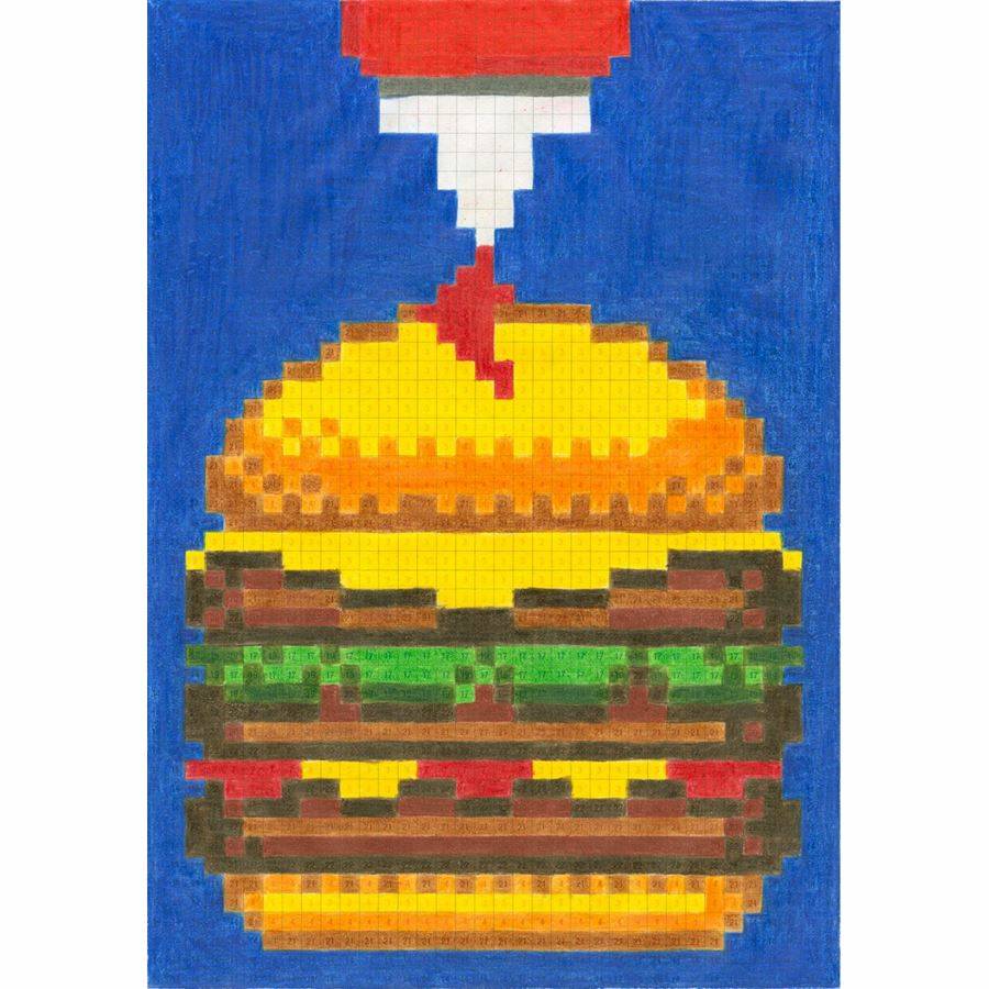 Pixel-Art-Gemälde eines Cheeseburgers mit Brötchen, Salat, Fleischpatte und Belägen auf blauem Hintergrund, mit einer roten Quetschflasche oben, die Ketchup hinzufügt.