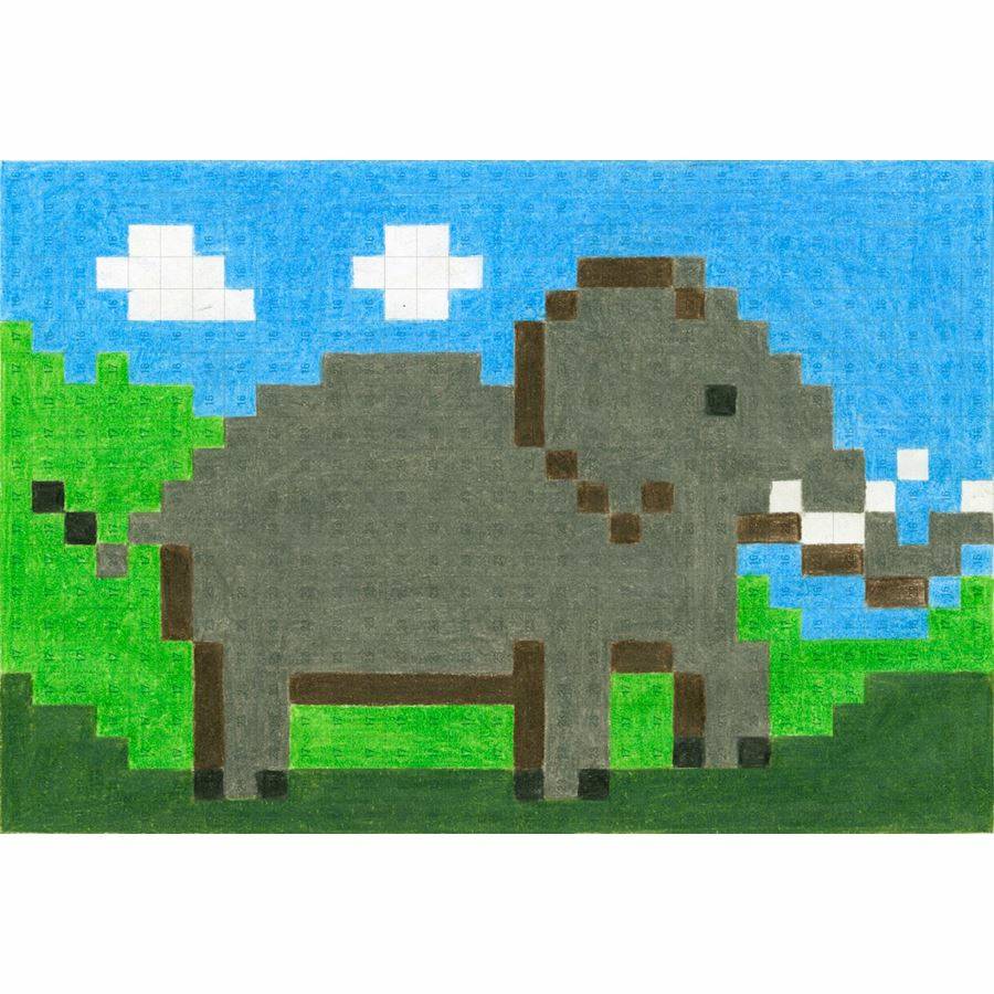 Pixelart eines grauen Elefanten, der auf grünem Gras unter einem blauen Himmel mit weißen Wolken steht.