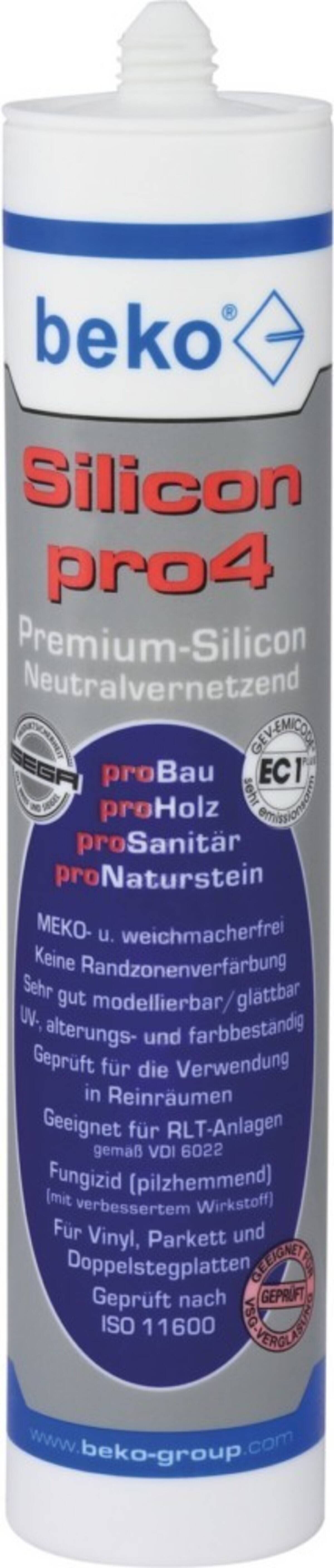 Tube Beko Silicon pro4 Premium-Silikon neutraler Dichtstoff, gekennzeichnet für sanitäre Anwendung, UV- und wetterbeständig, weiße Kartusche mit blauem und rotem Text.