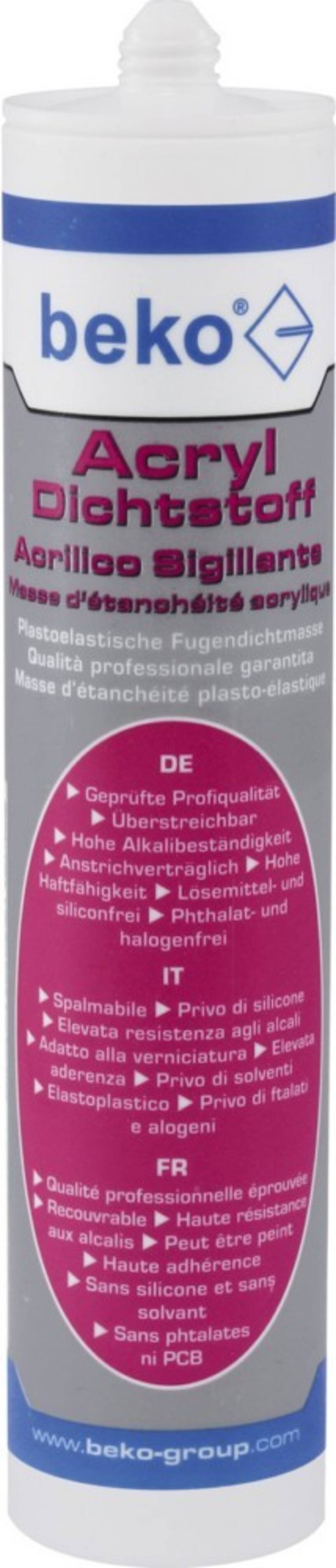 Tube von Beko Acryl Dichtstoff Acryl-Dichtstoff, weiße Kartusche mit blauem und magenta-farbigem Etikett und mehrsprachigem Produkttext.