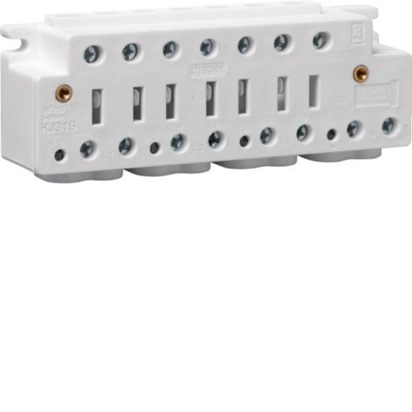 Eine weiße Hager Verteilerdose mit mehreren Anschlussöffnungen für elektrische Verbindungen. Sie verfügt über Schrauben zur sicheren Befestigung und der Modellnummer 'KJ81S'.