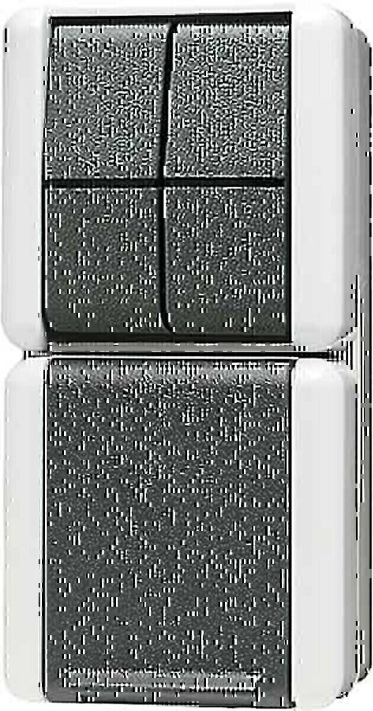 Nahaufnahme eines zweiteiligen elektronischen Schalters oder einer Taste mit dunklen, strukturierten Oberflächen und weißen Seitenflächen, dargestellt vor einem einfachen Hintergrund.