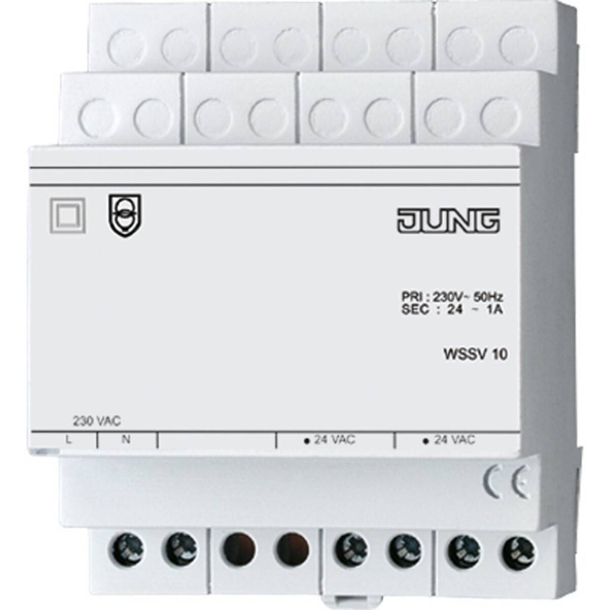 Weißer JUNG WSSV 10 Elektrotransformator mit gekennzeichneten 230V AC-Eingangsklemmen und 24V AC-Ausgangsklemmen