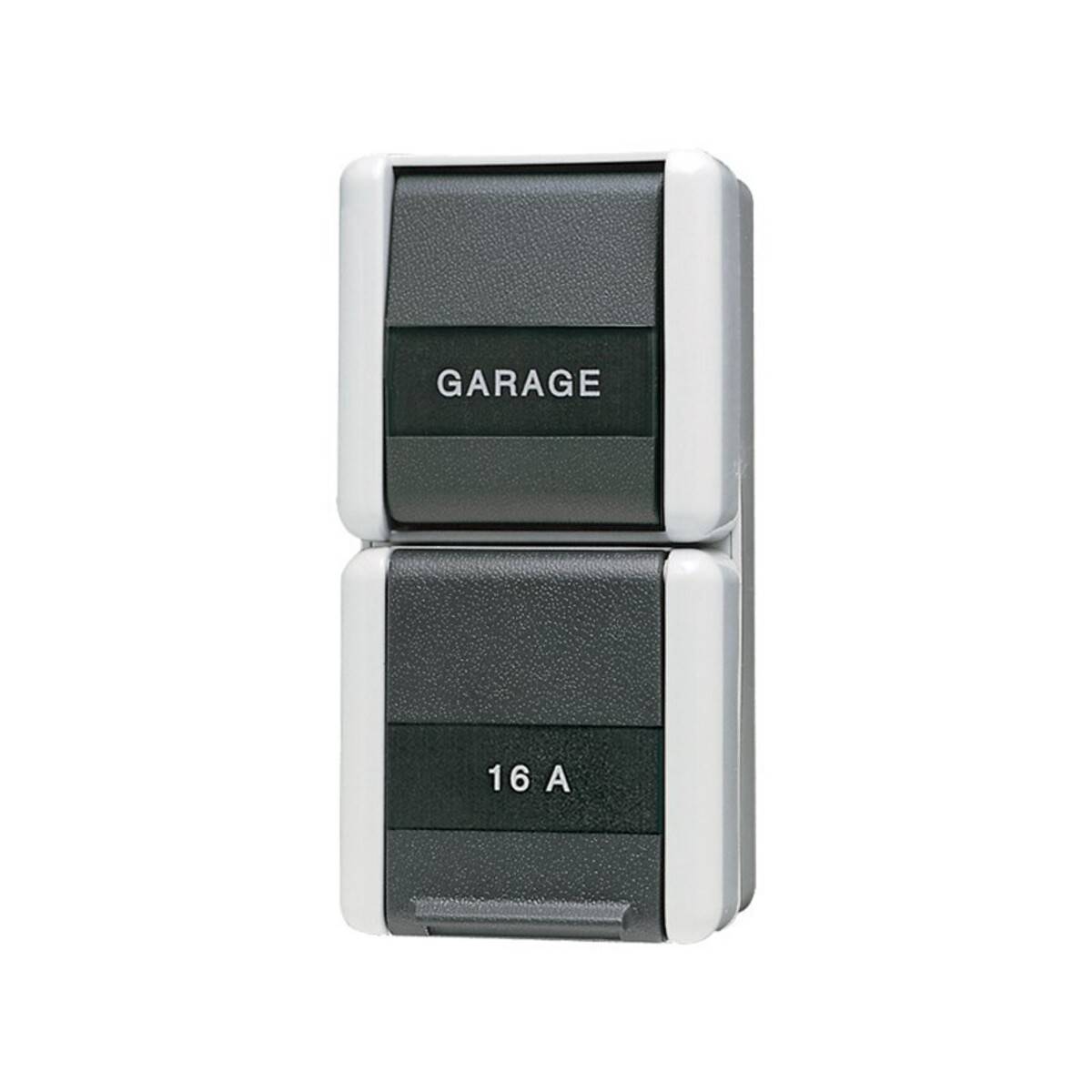 Zwei übereinander angebrachte Wandschalter mit den Beschriftungen „GARAGE