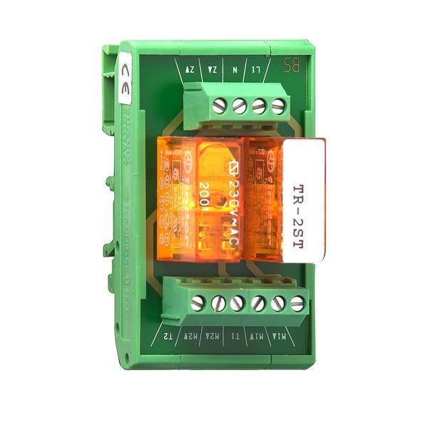 Grünes Stromrelais mit orangefarbenen Komponenten, gekennzeichnet mit 230V AC TR-2ST, mit Anschlussklemmen für Verbindungen.
