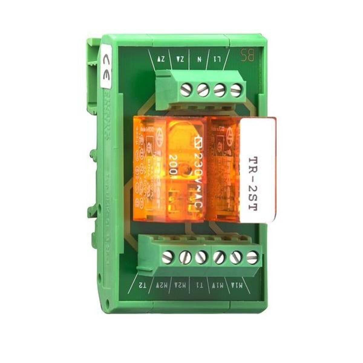 Grünes Elektrorelaismodul mit orangefarbiger transparenter Abdeckung und Schraubklemmen, gekennzeichnet mit TR-2ST, auf weißem Hintergrund dargestellt.