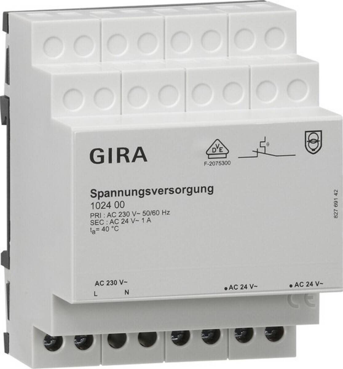 GIRA Spannungsversorgung 1024 00 Netzteil, mit Spezifikationen: AC 230V, 50/60Hz, Ausgang AC 24V, 1A.