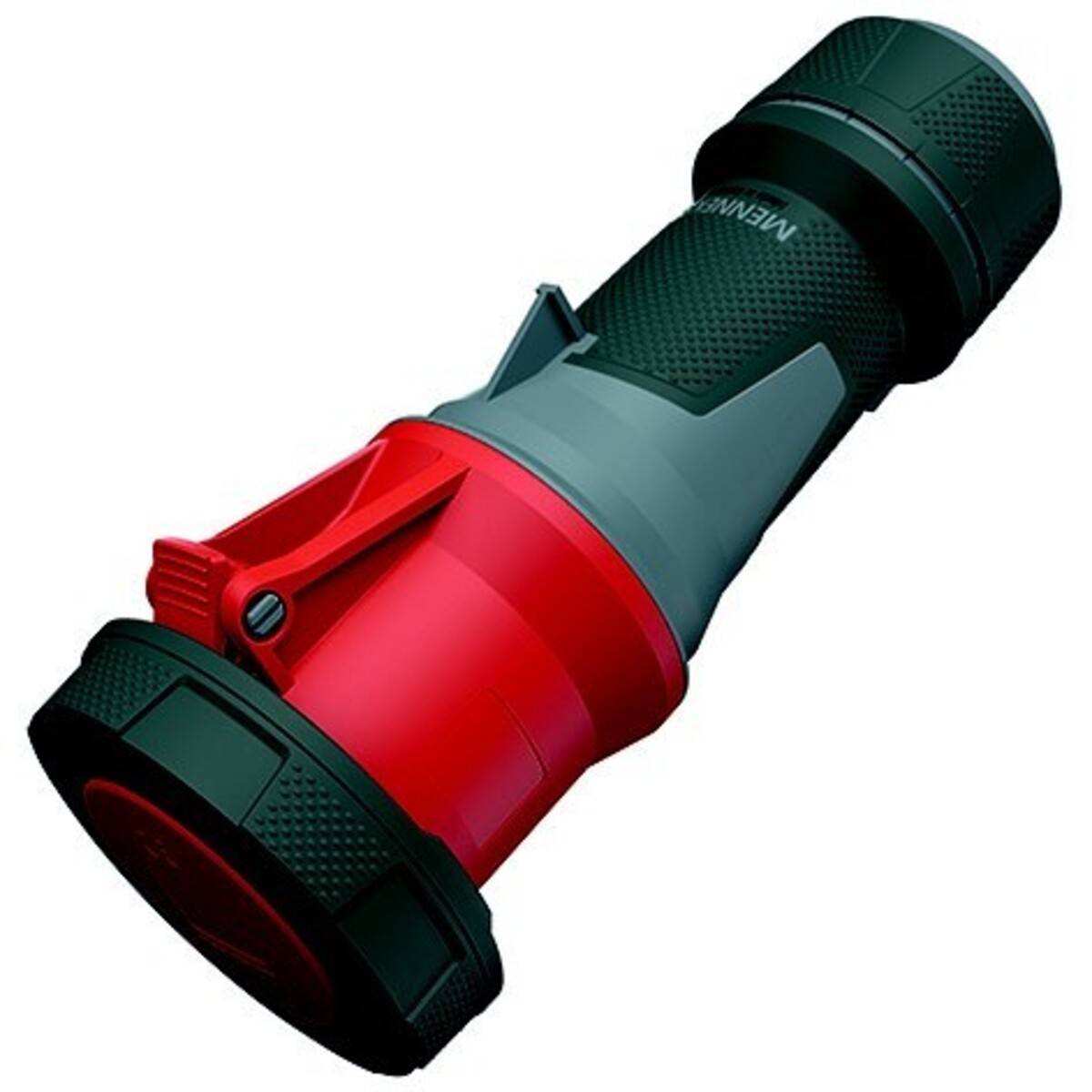 Eine rot und schwarze tragbare Taschenlampe mit strukturiertem Griff, diagonal auf weißem Hintergrund dargestellt.