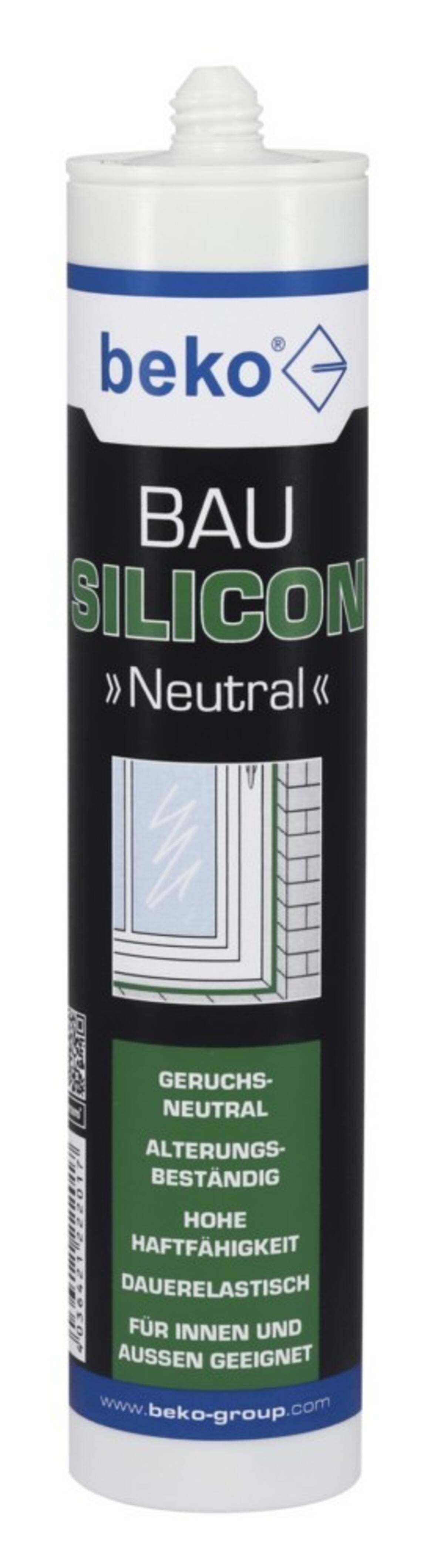 Ein Schlauch von beko BAU SILICON Neutral-Dichtungsmittel, gekennzeichnet für Innen- und Außenbereich.