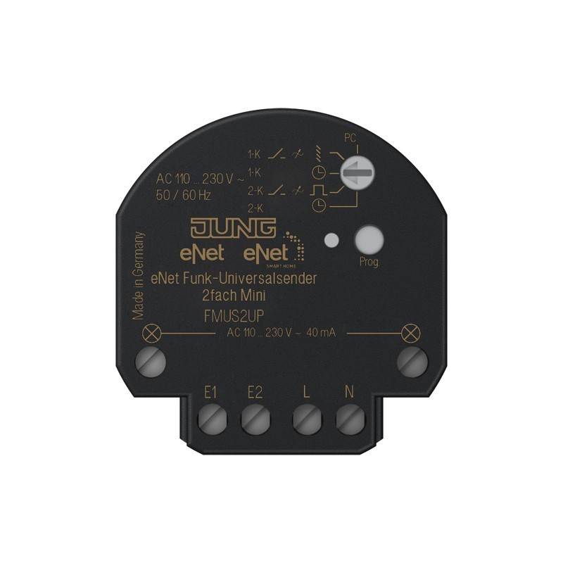 Schwarzes JUNG eNet Funk-Universalsendermodul mit der Bezeichnung „eNet Funk-Universal-Sender 2fach Mini FMU$2UP