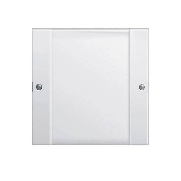 Eine weiße, quadratische Metallabdeckplatte mit seitlichen Schrauben zum Abdecken ungenutzter Elektrodosen.