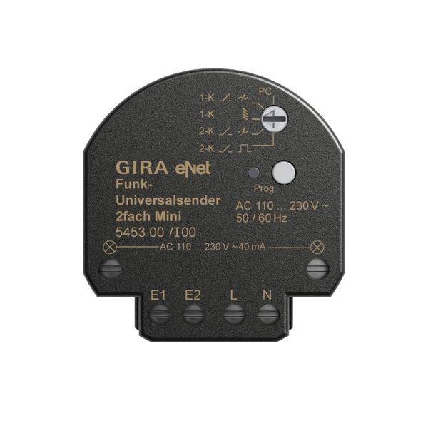 Ein Gira eNet Universal-Transmitter, Modell 5453 00, für AC 110-230V, 50/60Hz. Das Gerät verfügt über Programmier-, Eingabe- und Stromversorgungsanschlüsse.