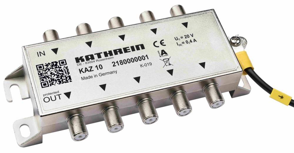 Ein metallisches Gerät mit neun koaxialen Anschlüssen, beschriftet mit 'KATHREIN', 'KAZ 10', 'Made in Germany'. Es hat die Spezifikationen 'Uc = 20V', 'Icc = 0,4A'.