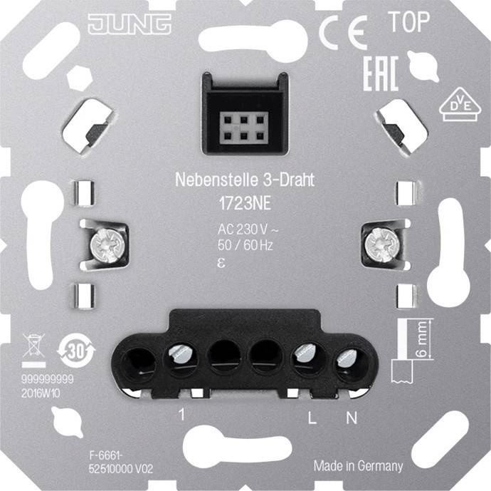 3-adriges Elektrokomponente für AC 230V, 50/60 Hz. Beinhaltet Anschlusspunkte und Markierungen für Verdrahtung. Hergestellt in Deutschland von Jung.
