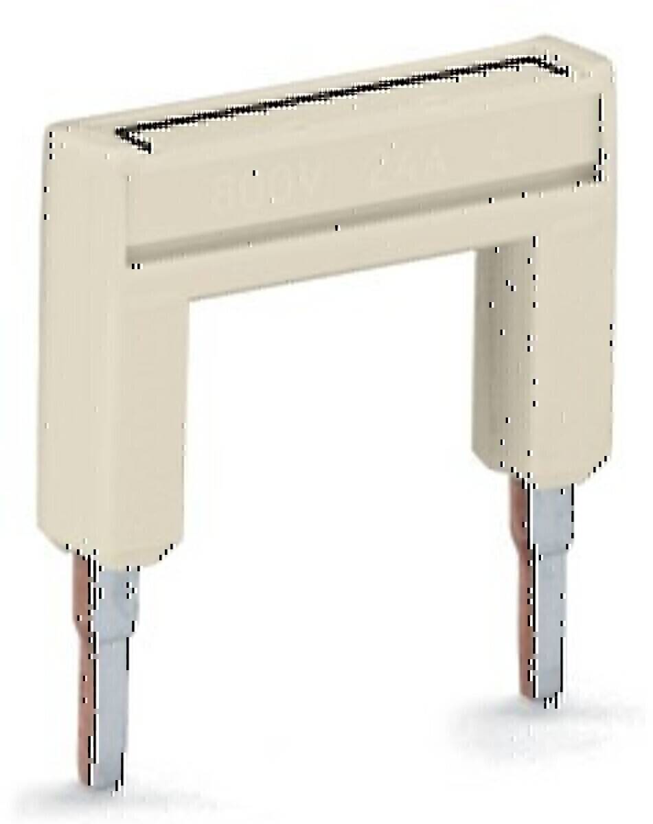 „Eine beige elektrische Komponente, die einer Heftklammer ähnelt, mit zwei nach unten ragenden Metallzinken, die wahrscheinlich für Schaltkreisverbindungen verwendet wird.