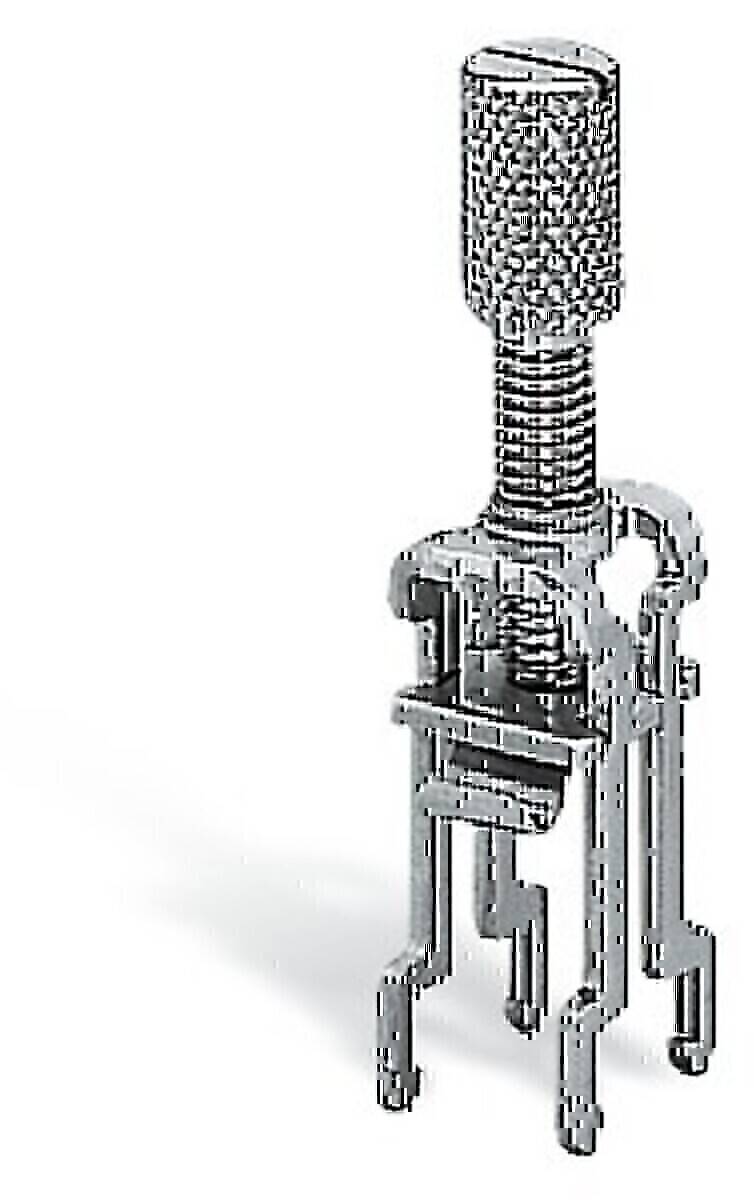 Ein Metallkorkenziehen mit einer Spiralschraube, Griff und Stützarmen, entwickelt zum Entfernen von Korken aus Flaschen.