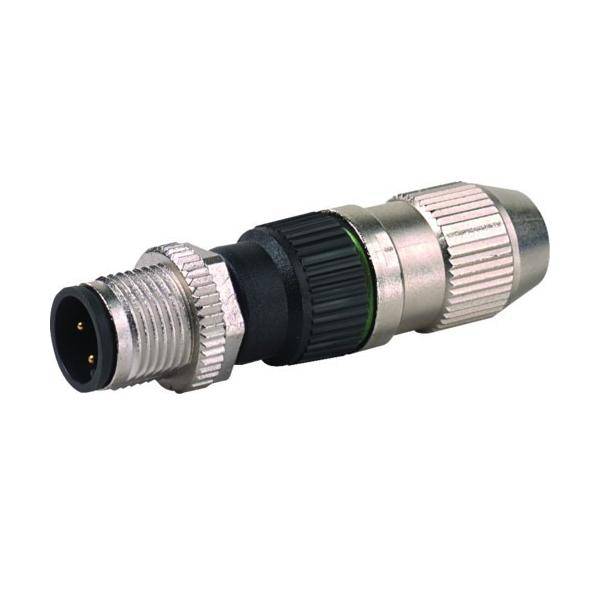 Metallischer kreisförmiger Elektrostecker mit Gewinde an den Enden und einem schwarzen mittleren Abschnitt, gezeigt auf weißem Hintergrund.
