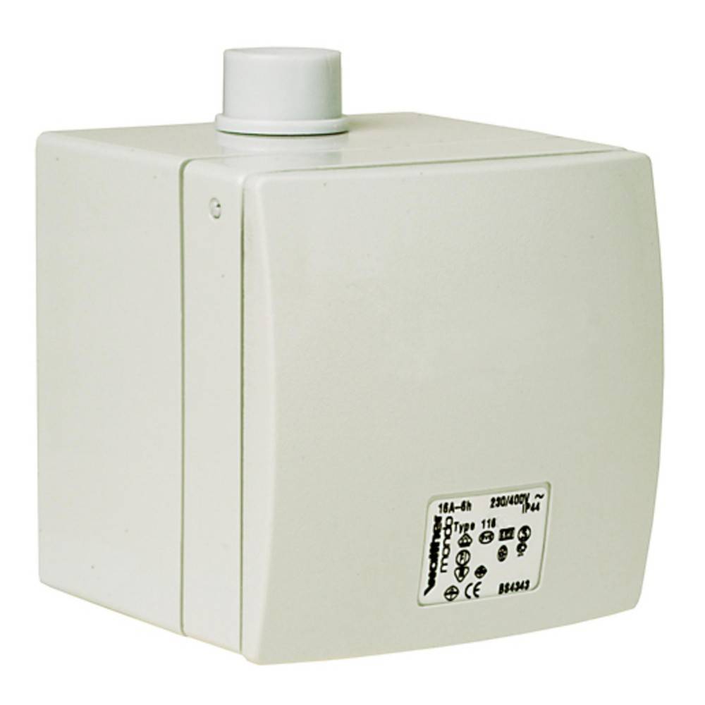 Ein beige elektrisches Gerät mit einem zylindrischen Anschluss oben und einer Beschriftung mit verschiedenen Spezifikationen und Zertifizierungssymbolen.