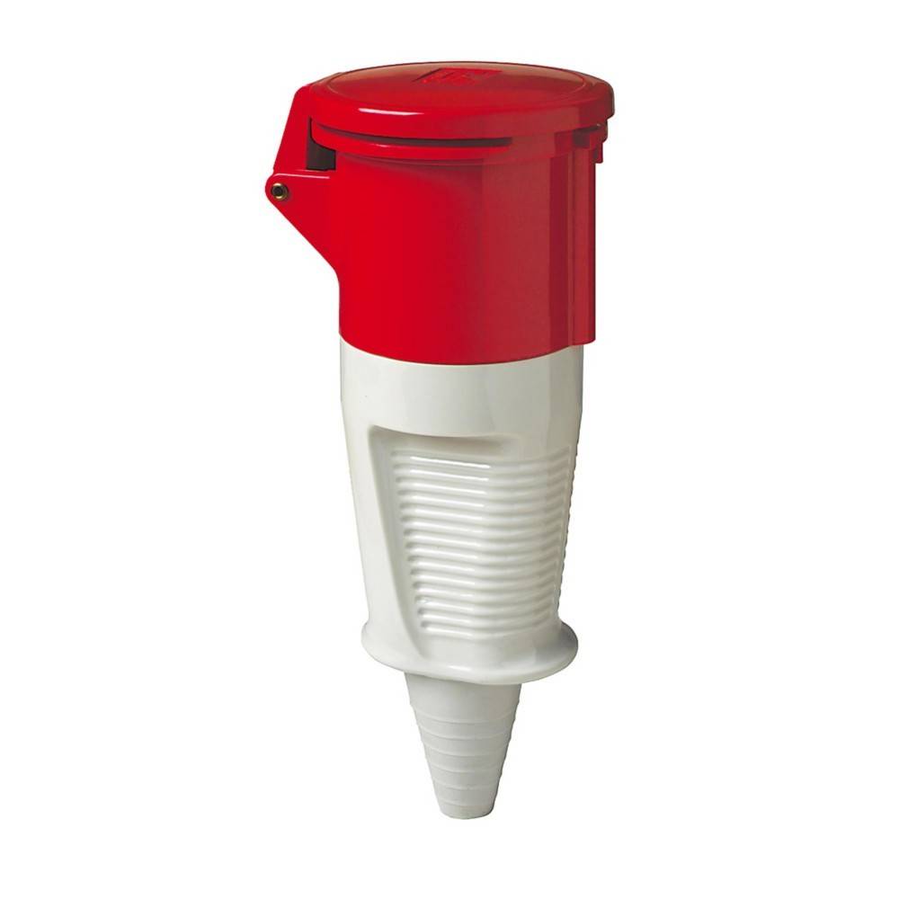 Ein roter und weißer industrieller Stecker mit einer Schutzkappe, konzipiert für hochstromfähige elektrische Anschlüsse.