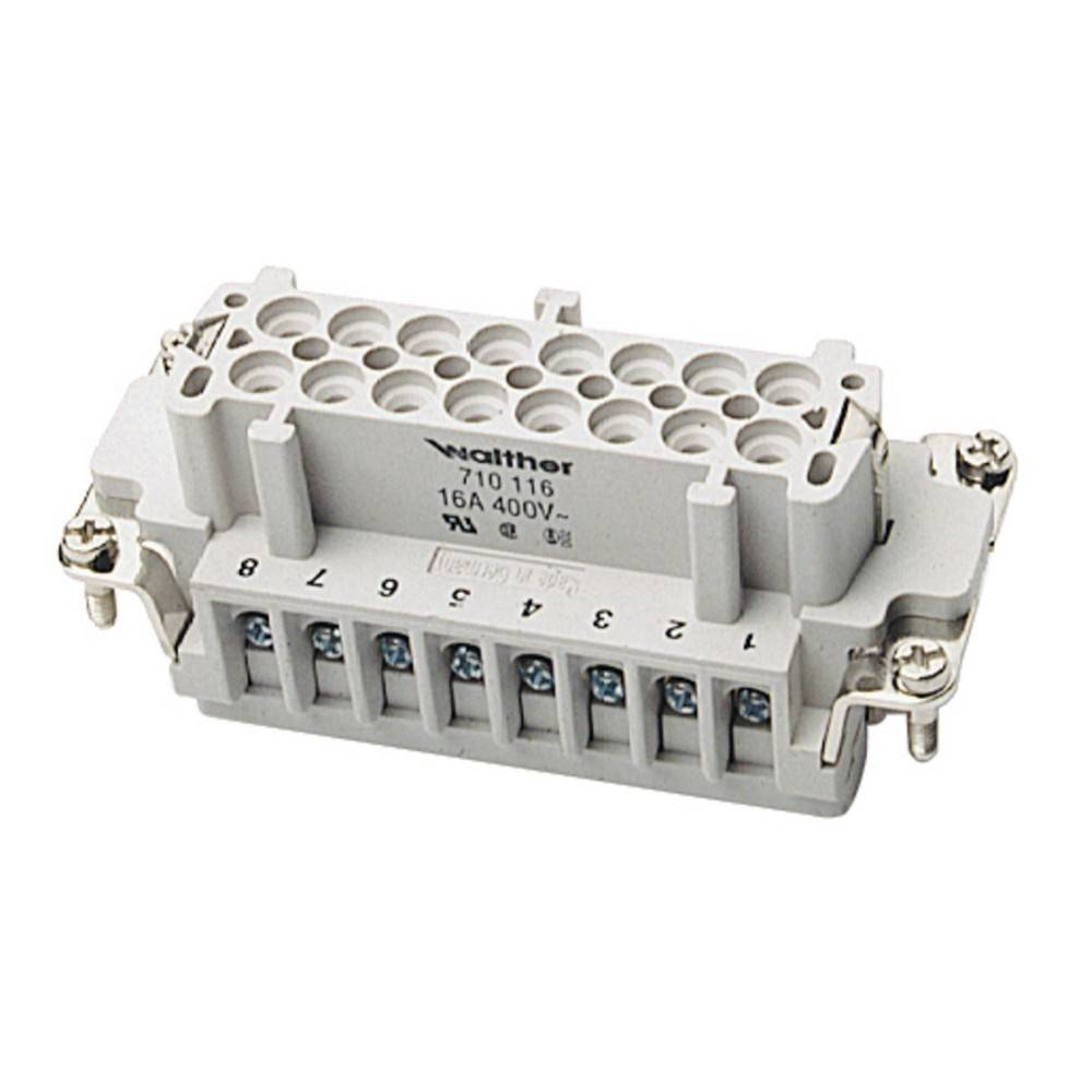 Ein weißer Mehrpolstecker mit Nummernbezeichnungen von 1 bis 8 am unteren Ende, seitlich mit der Aufschrift 'Walther 710 116 16A 400V' gekennzeichnet.