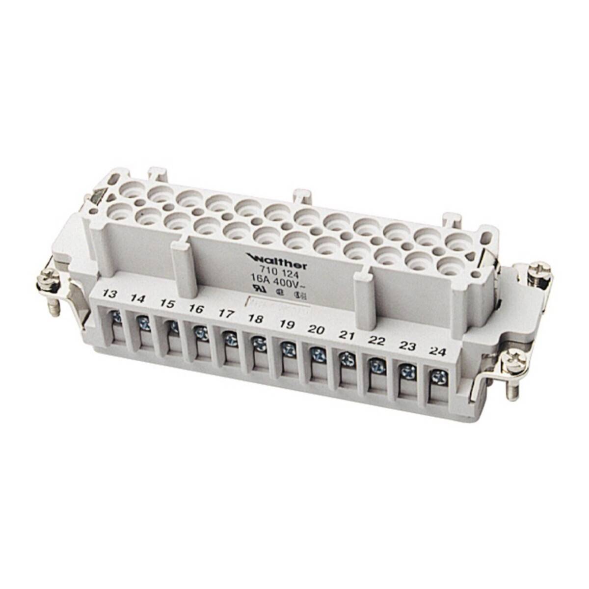 Ein weißer, rechteckiger elektrischer Anschlussblock mit nummerierten Anschlussklemmen von 1 bis 24, beschriftet mit 'Waltherr' und '16A 400V'.