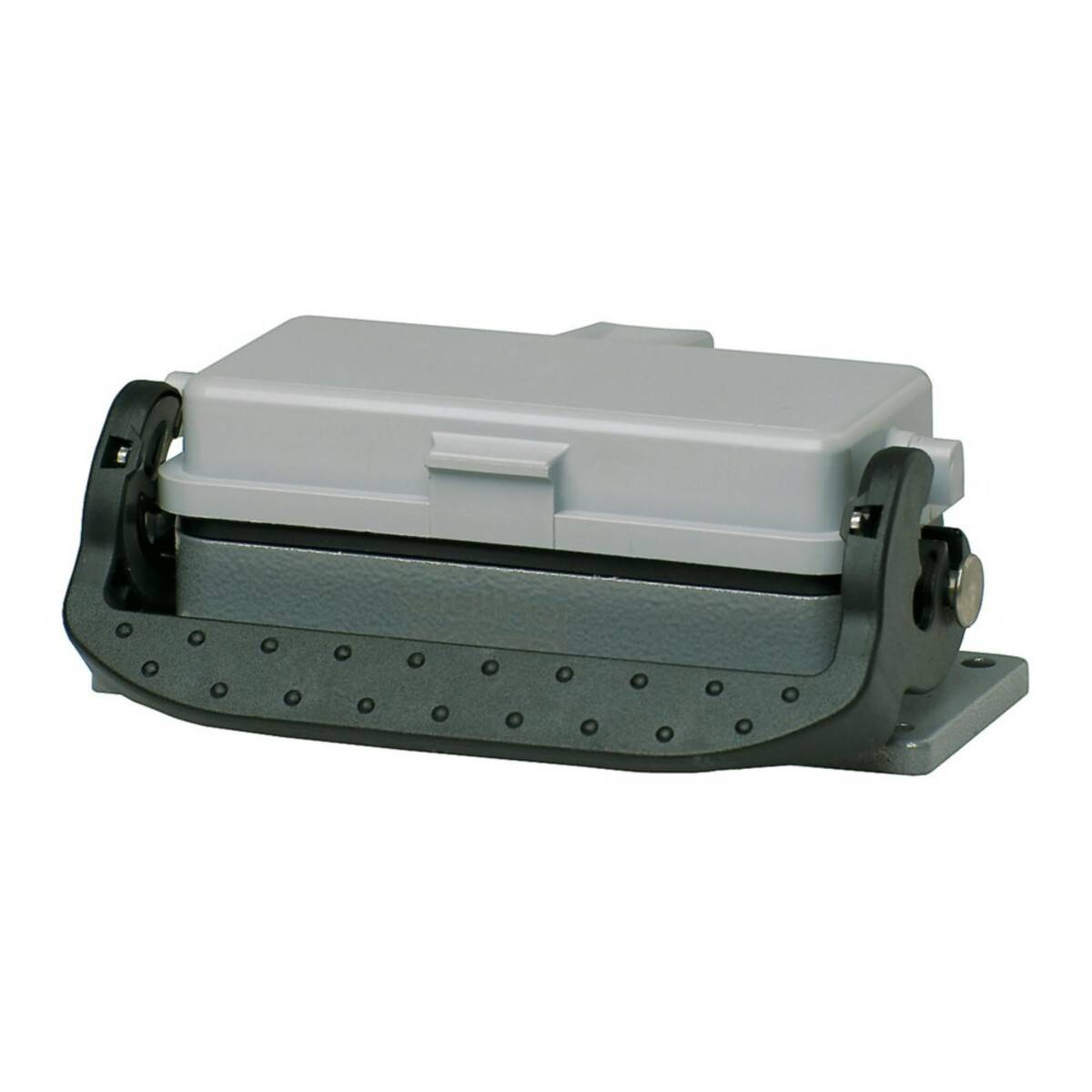 Ein rechteckiges, industrielles Anschlussgehäuse mit grauem Deckel und schwarzer Metalloberfläche, ausgestattet mit einem robusten Griff für sichere Befestigung.