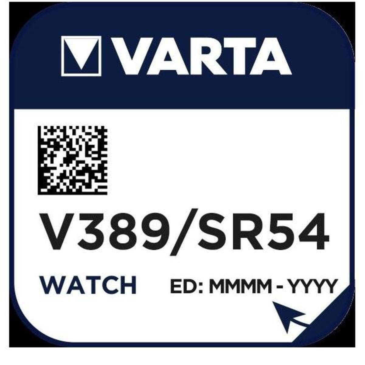 VARTA Batterie-Etikett für Uhr, Modell 'V389/SR54', enthält einen QR-Code und einen Abschnitt für das Ablaufdatum 'ED: MMMM - JJJJ'.