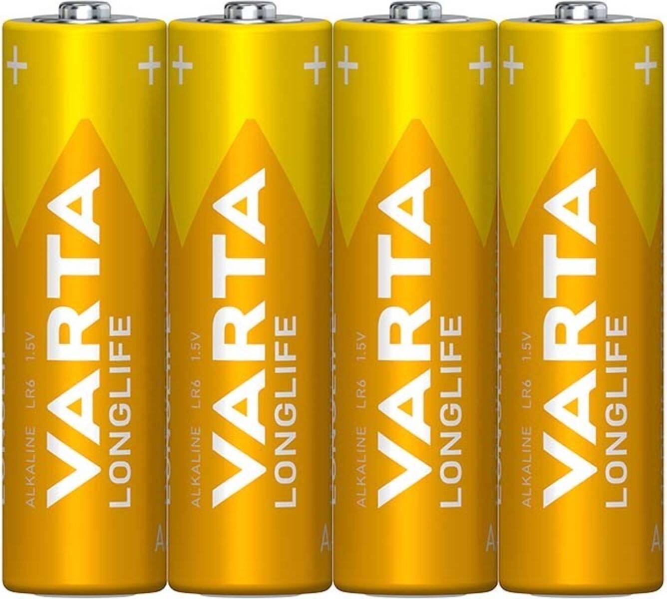 Vier gelbe Alkalibatterien der Marke 'VARTA LONGLIFE', die vertikal beschriftet sind; '+' Symbole zeigen die Oberseite an.