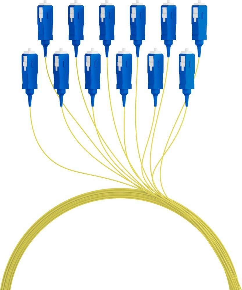 Illustration eines gelben Lichtwellenleiterkabels, das sich in mehrere blaue Steckerenden aufteilt.