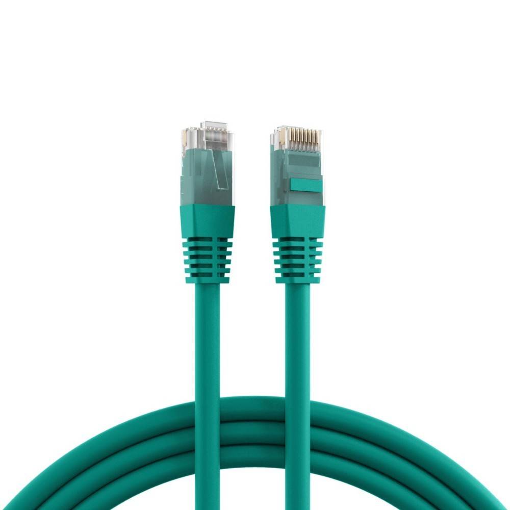 Zwei türkisfarbene Ethernet-Kabel mit RJ45-Steckern, zusammengerollt, die für Netzwerkverbindungen verwendet werden.