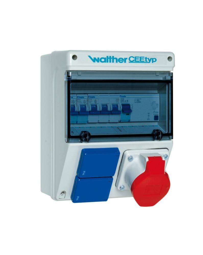 Elektrische Verteilerdose mit blauen und roten Steckdosen, ausgestattet mit Schutzschaltern, auf dem Deckel mit 'Walther CEEtyp' beschriftet.
