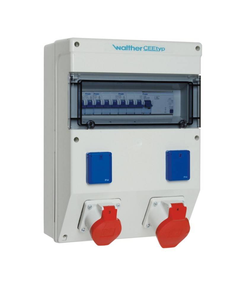 Elektrische Verteilerdose mit blauen und roten Steckdosen, mit der Aufschrift 