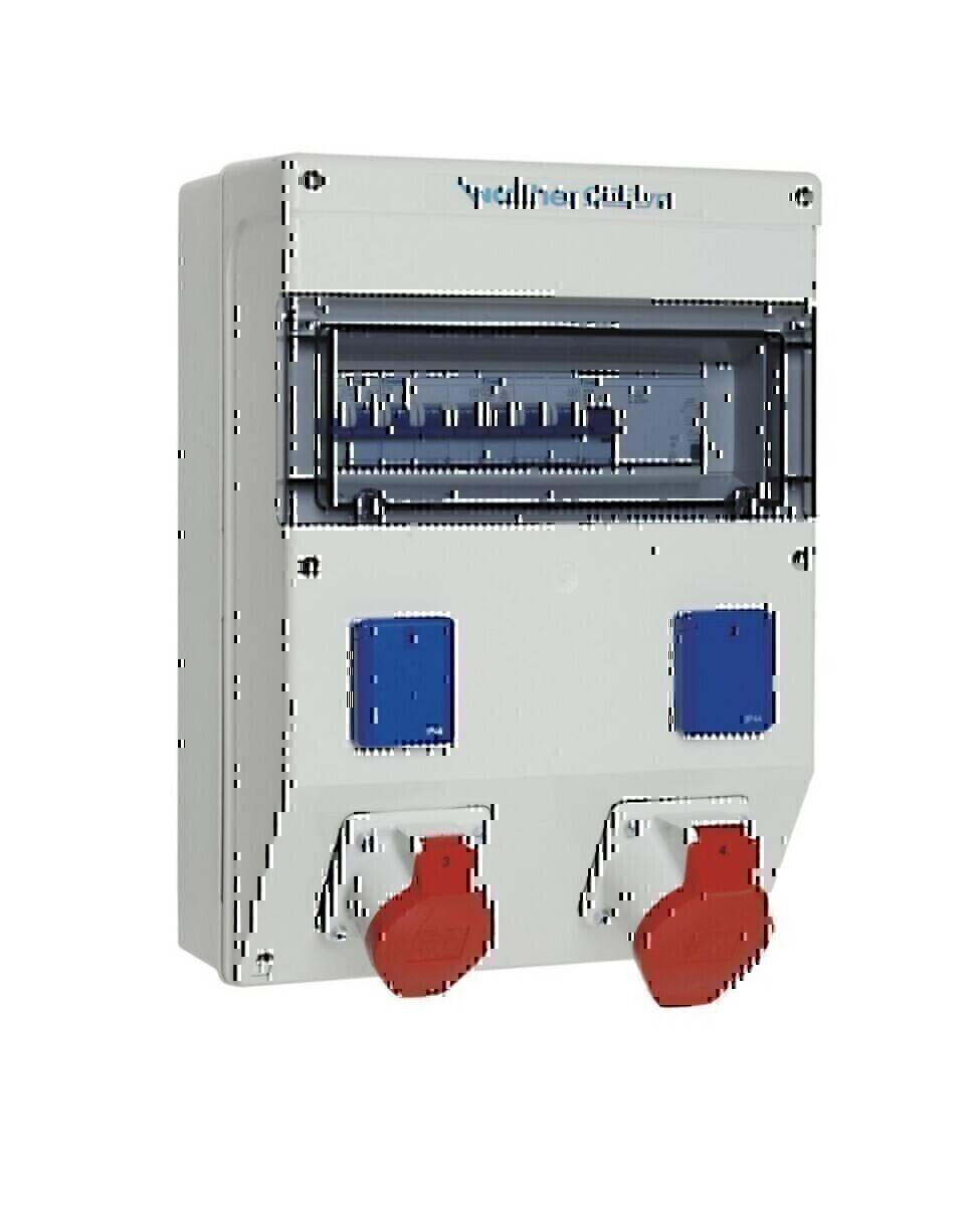 Eine weiße elektrische Verteilerdose mit zwei blauen Schaltern und zwei roten Steckdosen am unteren Rand.