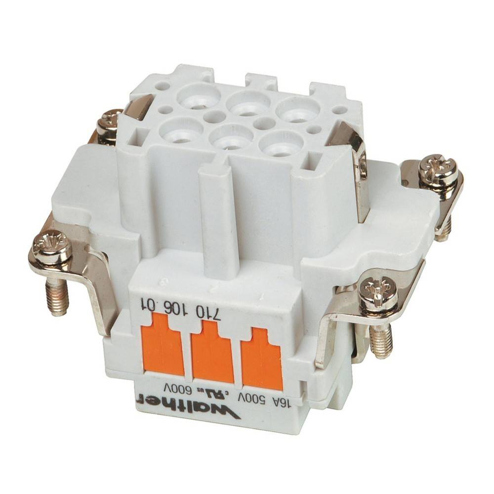 Ein weiß-orangener elektrischer Verbinder mit mehreren Schlitzen und Metallschrauben.